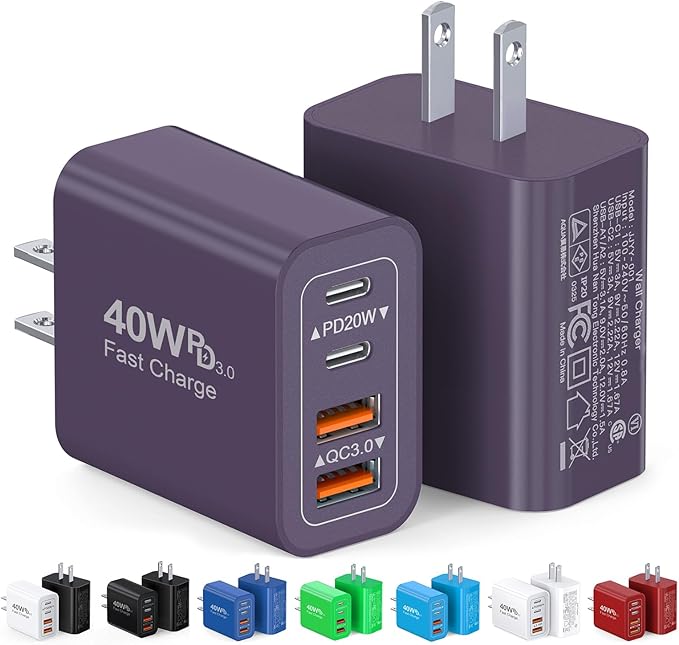 [2Pack] 40W USB C Plug,4-Port Fast Charger Block PD+QC 4 Port Charger Cube Wall Charging Box Brick for Samsung Galaxy S22/S21+/S21 Ultra,Magsafe Wireless Charger,iPhone 17/16/16 Pro Max/15/14(Purple)