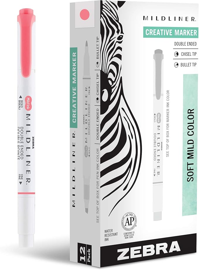 Zebra Pen Mildliner Dual-Tip Highlighters, Broad and Fine Tips, Ideal for Bible Highlighting, No Bleed, School Supplies, Teacher Supplies, and Office Supplies, Mild Coral Pink Ink, 12-Pack (78570upc)