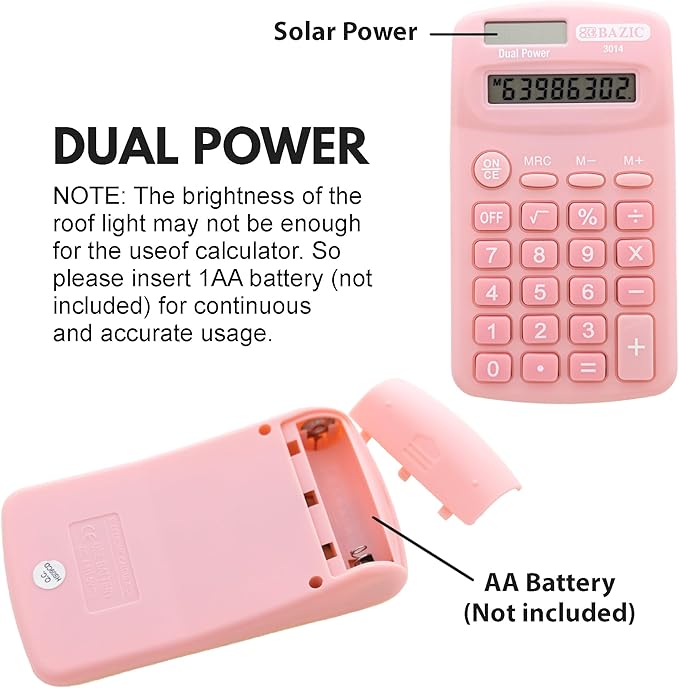 BAZIC Products 8 Digit Pocket Size Calculator, Dual Power Solar & Battery, LCD Display, Small Basic Standard Function Calculators, Assorted Pastel Colors, 144-Pack
