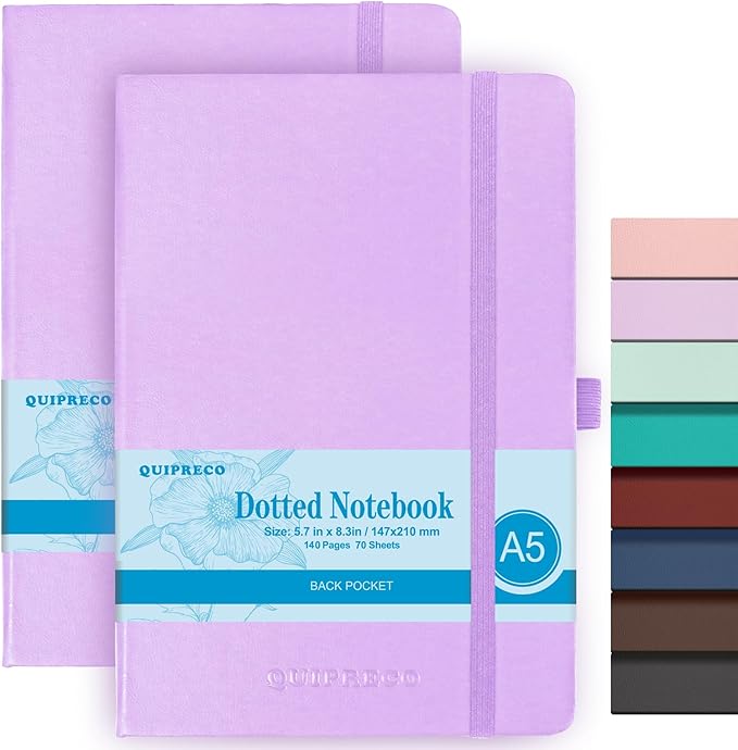2Pack Bullet Dotted Journal Hardcover Notebook, A5 140 Pages 120Gsm Thick Paper for School,Note Taking,Work,Diary，5.7''*8.3'',Lavender