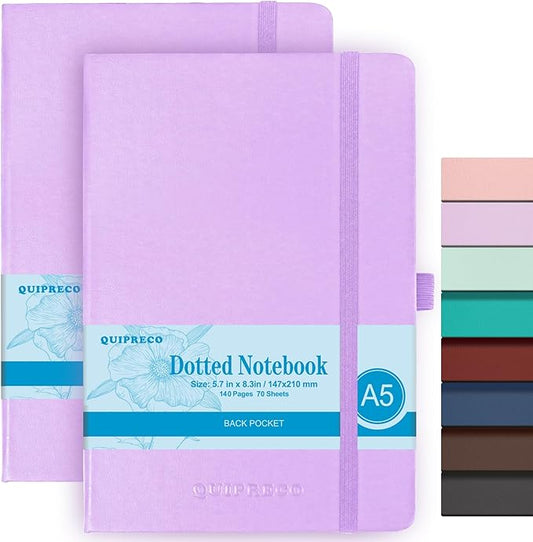 2Pack Bullet Dotted Journal Hardcover Notebook, A5 140 Pages 120Gsm Thick Paper for School,Note Taking,Work,Diary，5.7''*8.3'',Lavender