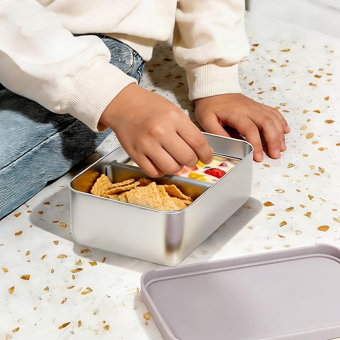 Stainless Steel Bento Box, 33oz Leak-proof Metal Lunch Box Container with Silicone Lid, Microwave-Safe, with Divider, Lunch Food Meal Prep Snack Container for School Work