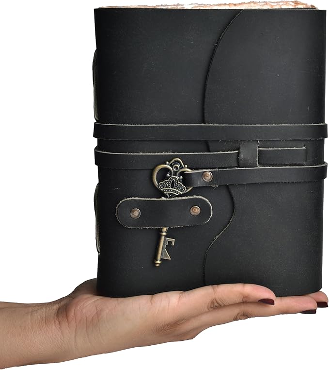 LEATHER VILLAGE Vintage Leather Journal – 200 Handmade Vintage Deckle Edge Paper – Leather bound Journal For Women Men – Vintage Key Closure - Book of Shadows - Black - 13X8 inch