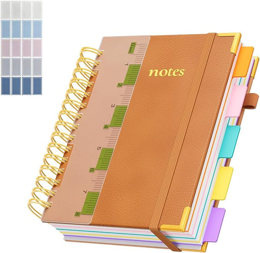 XYark A5 Hardcover Spiral Notebook, 6.3"x8.5" College Ruled Notebooks with Removable Dividers Tabs & Ruler, 5 Subject Notebook 300 Pages, Small Lined Journal for Women Men School Work Office, Orange