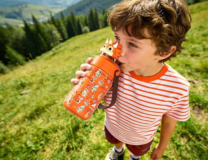 POWCAN 12 oz Kids Water Bottle Insulated: 2-in-1 Straw Spout Lid with Soft Animal Head, BPA-Free, Leakproof, Keep Cold 24H, Backpack Friendly, Stainless Steel Cup for School, Trip, Gift (Sunny Trike)