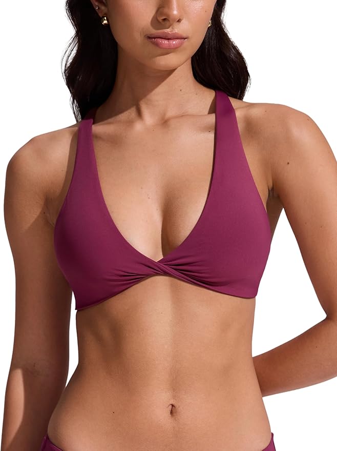 CRZ YOGA Twist Front Bikini Tops for Women - Padded V Neck Criss Cross Back Triangle Sexy Swim Bathing Suit