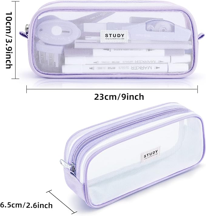 Grid Mesh Pencil Case Pouch Large Capacity Pencil Bag with Zipper | Big Pencil Pouch Purple Simple Stationery Bag Aesthetic Pen Bag for School Teen Girl Multi-Purpose Bag for Office Men Women