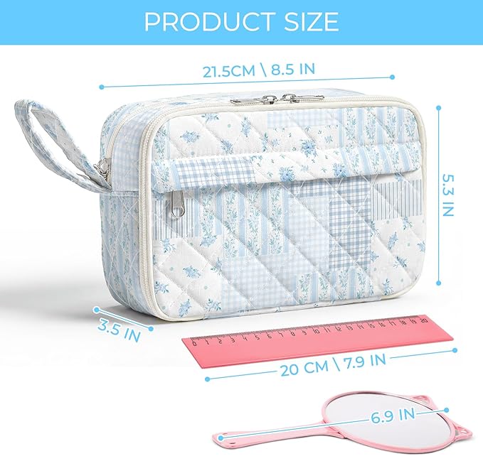 WOBAGMEN Quilted Pencil Pouch for Girls Women, Large Pencil Case Pouch with Compartments Cute Aesthetic Pencil Case Organizer, Floral Pencil Bag for School Supplies (Blue Patchwork)