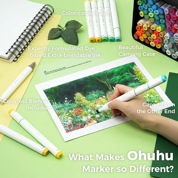 Ohuhu Alcohol Markers Double Tipped Art Marker Set for Artists Adults Coloring Sketch Illustration - Chisel & Fine - 100 Colors - Oahu of Ohuhu Markers - Refillable - AP Certificated