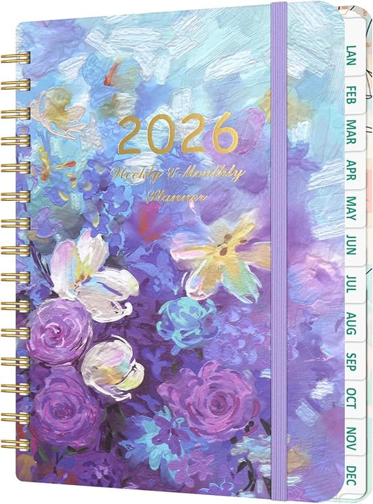 2026 Weekly and Monthly Planner - 2026 Hardcover Calendar Planner, Jan. 2026 - Dec. 2026, Daily Agenda Book with Tabs, Twin-Wire Binding, Back Pocket, School Teacher Student Supplies, A5(6.3" x 8.5") (Flower)