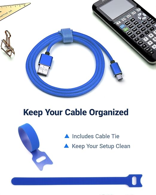 Mini USB Charger Cable for Texas Instruments Calculators, TI-84 Plus CE, TI-84 Plus C Silver Edition, TI-Nspire CX CAS, USB Charging & Data Sync, Nylon Braided 3.3FT (Blue)