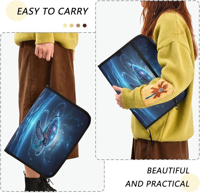 Sea Turtle Starry Sky 13 Pocket File Organizer Expanding File Folder with Front Pouch Portable Business File Storage Document Organizer Folder with Zipper