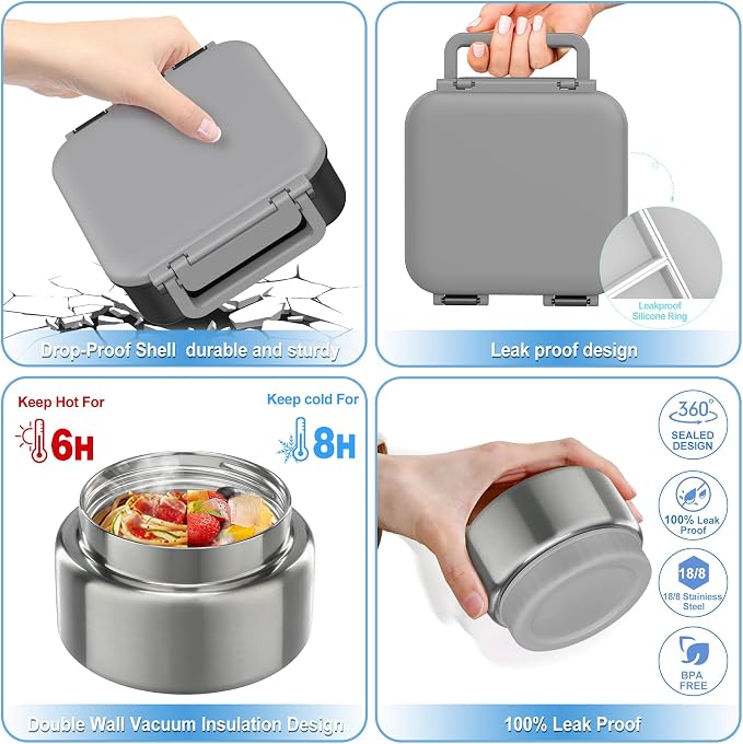 Kids Bento Lunch Box with 9oz Soup Thermo Leakproof Lunch Food Containers 4 Compartment with Insulated Hot Food Jar for Kid Toddler Girls Boys to School, Trvael
