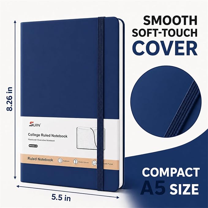 SUIN A5 Hardcover Lined Journal Notebook, 200 Pages, Navy Blue, 1 Pack