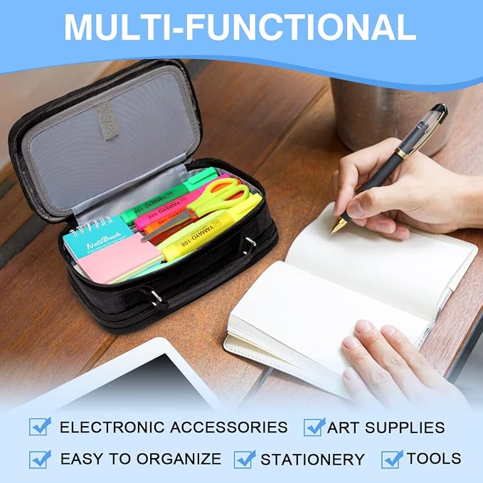 VASCHY Pencil Case, Large Pencil Pouch with Compartments for Middle School,Work,Office Pen Organizer Holder School Supply Black