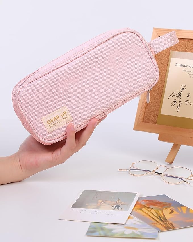 SKYDUE Large Capacity Pencil Case with Handle, 3 Compartment Canvas Pencil Pouch, Cute Soft Color Pencil Bag for Pens, Markers, Aesthetic Stationery and Organizer for Teen Girls Adult, Pink