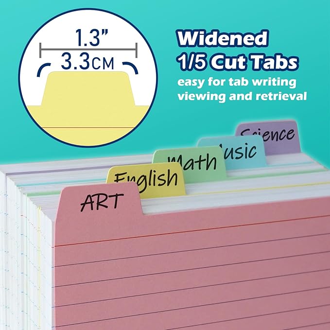 100 Pack Tabbed Index Cards 3x5 Lined Index Card Dividers with Tabs 3" x 5", White, 220 GSM Thick Paper
