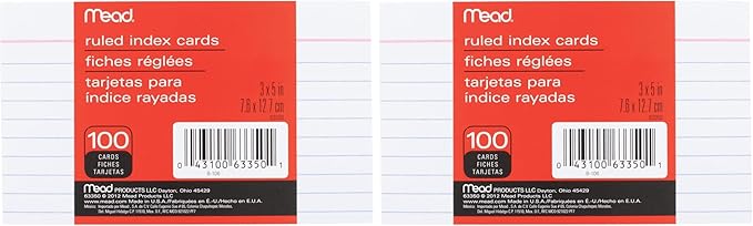 Mead Lined Index Cards, Note Cards, Ruled, 100 Count, 3" x 5", White (63350) (Pack of 2)