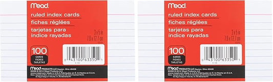 Mead Lined Index Cards, Note Cards, Ruled, 100 Count, 3" x 5", White (63350) (Pack of 2)