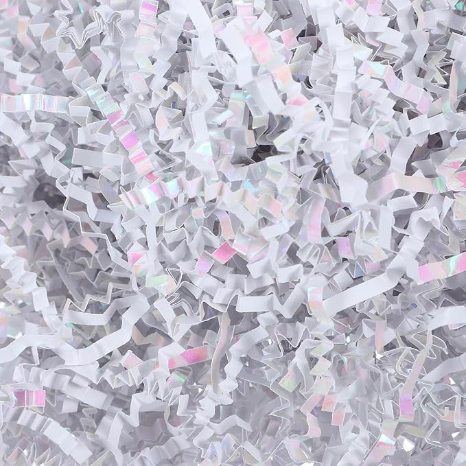FAVOMOTO Crinkle Paper Shred Basket Filler 100g Bag, White Raffia Twisted Tissue Paper Packaging Box Filler for Wrapping and Shipping Decoration