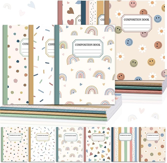 6 Pack Large Composition Notebooks Bulk 9.8 × 7.5 in Wide Ruled Hard Cover Composition Book Assorted Marble Journal College Ruled Paper for Adult Student College Office Back to School Supplies(Boho)