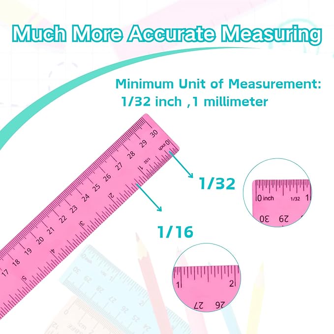 12 Inch Clear Ruler, Kids Ruler, School Ruler, Colored Plastic Rulers, in and cm, Pack of 7