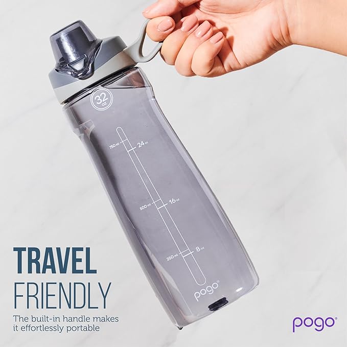Pogo 2-Pack Plastic Water Bottle with Carry Handle, Reusable, BPA Free, Dishwasher Safe, Perfect for Travel, School, Outdoors, and Gym | 18oz, 32oz