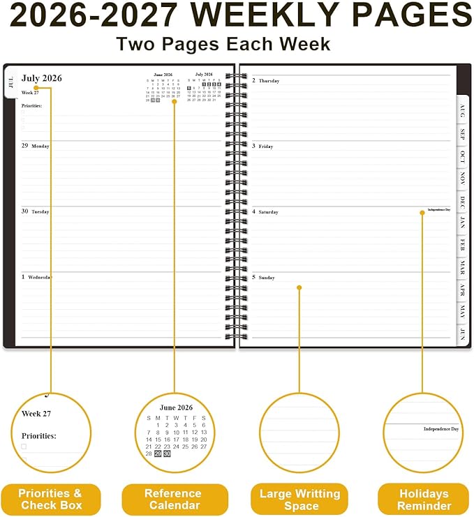 Planner 2026-2027 - Academic Planner from July 2026 to June 2027, Weekly & Monthly Planners Spiral Bound with 12-Month Tabs, Inner Pocket, 8.5" x 11", Black