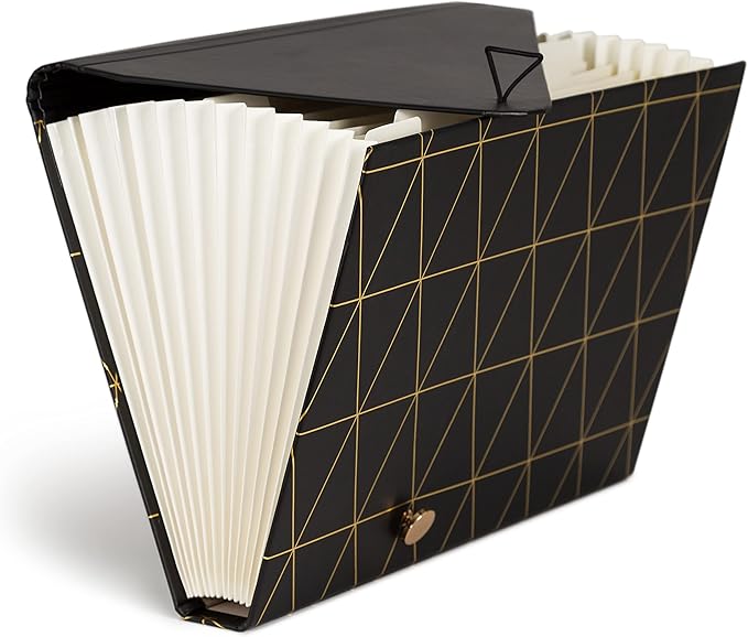 U Brands 13-Pocket Expanding File Folder, Office Supplies, Black and Gold Geometric, Brass Hardware, FSC Certified