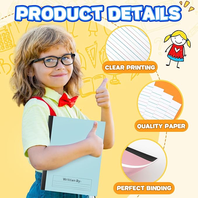 Henoyso 6 Pcs Primary Composition Notebook K-2, Wide Ruled 9.75" x 7.5" Journals, 60 Pages, Writing & Handwriting Practice for Kindergarten, 1st & 2nd Grade, Back to School Supplies (Bright Color)