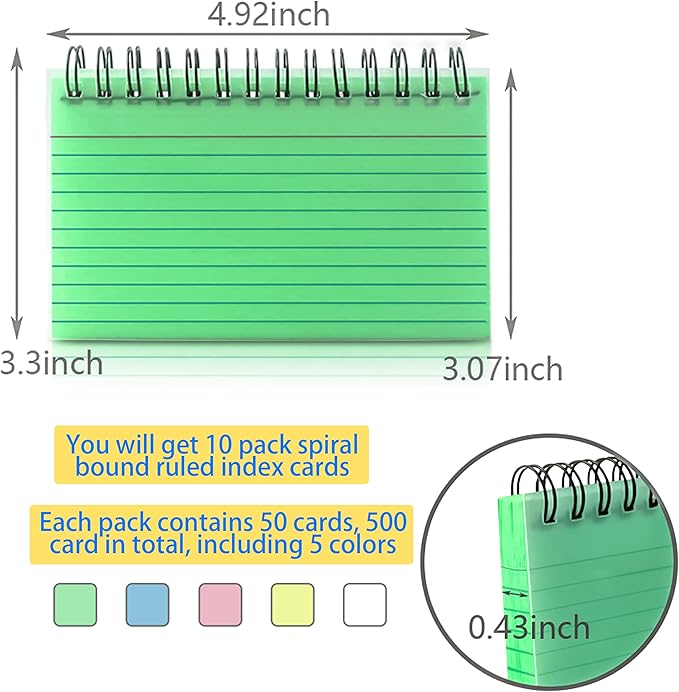 Colorful 500 Pcs Spiral Index Cards 3x5 Inch Flash Cards with Ring Lined Note Card Book Flashcards, Colored Ruled Card Pad Index Note Books 3 x 5 Notecards for Studying School Supply College