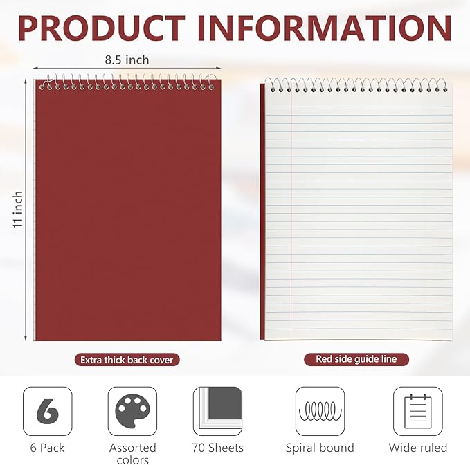 Resurhang 6 Pack 8.5 x 11'' Top Bound Office Steno Book Wide Ruled Double Sided Spiral Notebooks Reliable White Paper 70 Sheets/Pad Pastel Colors Covers for Writing School Notes(Vintage Color)