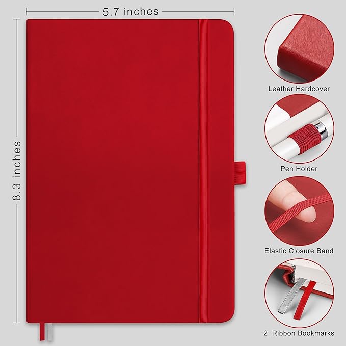 RETTACY Graph Grid Paper Notebook, 192 Pages, A5 Medium Size (5.7'' x 8.3''), 5 Squares per Inch, Leather Hardcover, 100 GSM Thick Paper, for School, Students, Math, Engineering (Red)