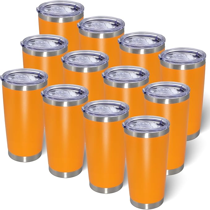 AIANJI 20oz Tumbler Bulk Stainless Steel Tumblers with Lid Vacuum Insulated Double Wall Travel Coffee Mug Powder Coated Tumbler Cup for Hot and Cold Drinks(Orange, 12 pack)