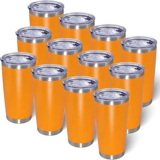 AIANJI 20oz Tumbler Bulk Stainless Steel Tumblers with Lid Vacuum Insulated Double Wall Travel Coffee Mug Powder Coated Tumbler Cup for Hot and Cold Drinks(Orange, 12 pack)