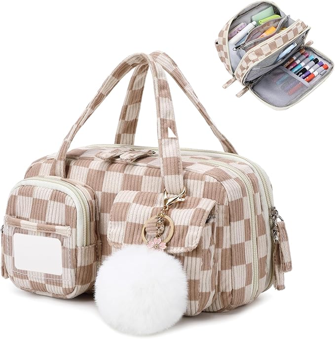 Pencil Case Corduroy Multiple Compartments Pouch Bag for Girl, Khaki
