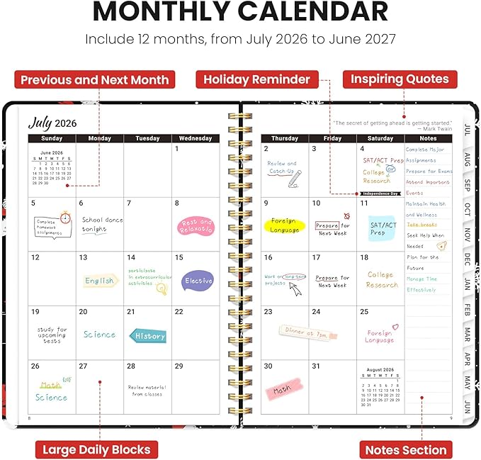 Planner 2026-2027, Academic Planner Weekly and Monthly, Jul 2026 - Jun 2027, Spiral Bound School Planning Tool with Tabs and Pocket, Perfect for Students & Teacher, 6.3" x 8.5", Skate Pup