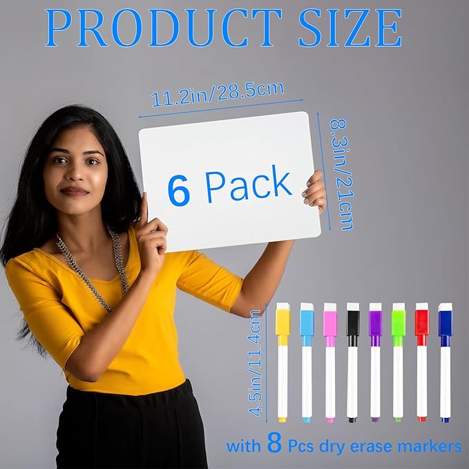 6 Pack Dry Erase LapBoards Double Sided 11.2 x 8.3 Inch Dry Erase Boards with 8 Pcs Markers Whiteboards for Office Students Classroom Teacher Supplies