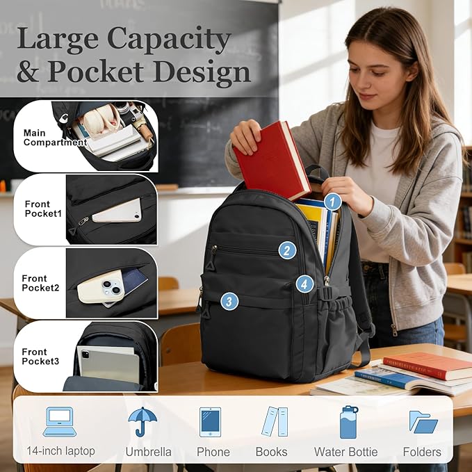 Black Backpack for College Students Women Men, Aesthetic Backpacks for Middle School, Waterproof Bookbag, Lightweight High School Backpack for Teens Boys Girls