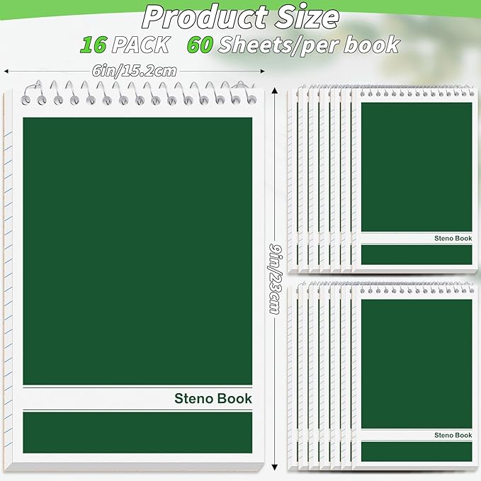16 Pack Steno Pads 6 x 9 in Top Spiral Notebook Bulk Pack 960 Total Sheets Gregg Rule Steno Note Pads for School Office Home Students Teachers Organized Daily Notes Planners