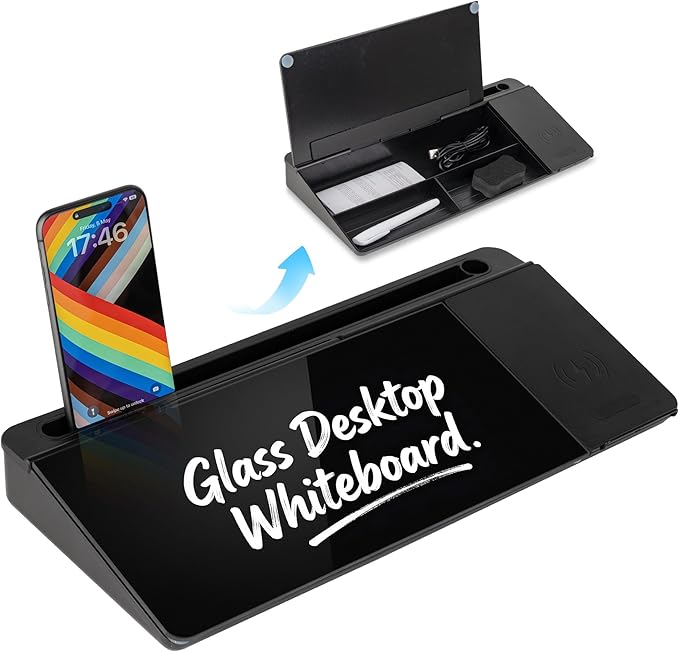 Glass Desktop Whiteboard with Wireless Charger & Storage, Desk Dry Erase Note Memo Board, Compact Desk Organizer for Desk, Home, Study, Office, Back to School Supplies, Black, 2026