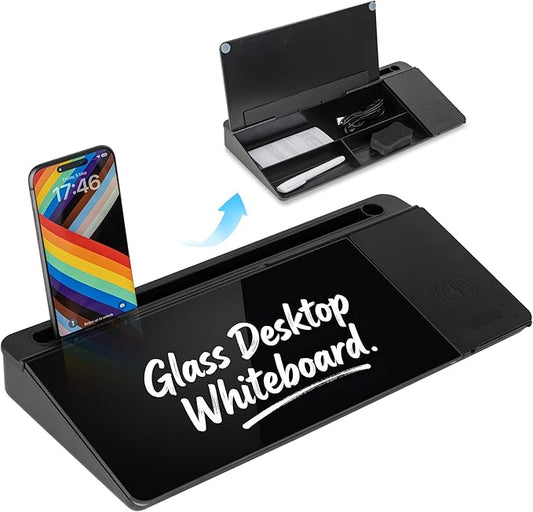 Glass Desktop Whiteboard with Wireless Charger & Storage, Desk Dry Erase Note Memo Board, Compact Desk Organizer for Desk, Home, Study, Office, Back to School Supplies, Black, 2026