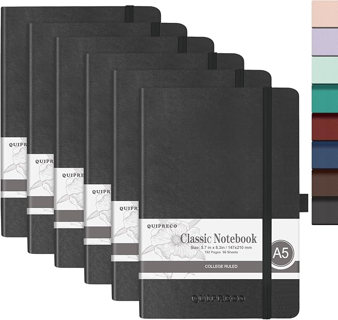 6Pack Lined Hardcover Journal Notebook, A5 192 Pages 100Gsm Thick Paper College Ruled for School,Note Taking,Work,Diary，5.7''*8.3'',Black