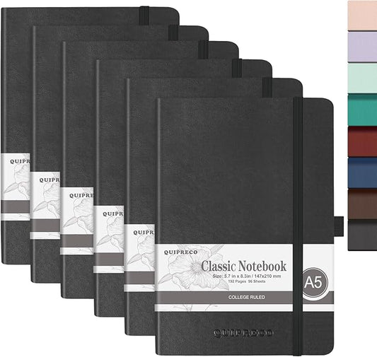6Pack Lined Hardcover Journal Notebook, A5 192 Pages 100Gsm Thick Paper College Ruled for School,Note Taking,Work,Diary，5.7''*8.3'',Black