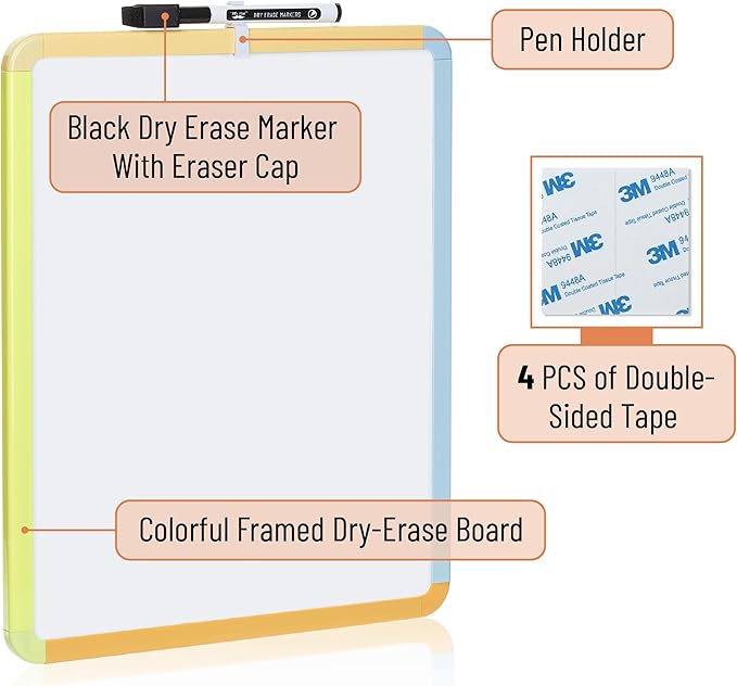 Mr. Pen- Dry Erase Board, 14” x 11” with a Black Dry Erase Marker, Citrus Frame, Small Mini White Board for Students, Fridge, Wall, Locker, Includes Double Sided Tapes