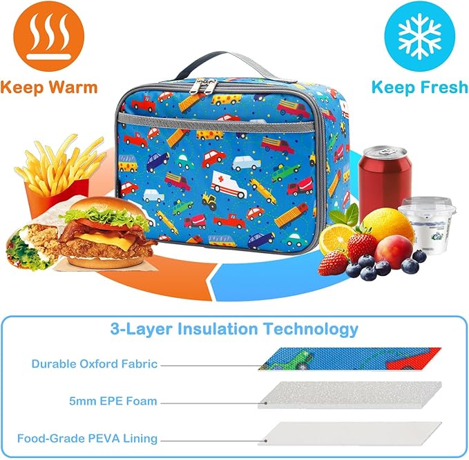 FlowFly Kids Lunch box Insulated Soft Bag Mini Cooler Back to School Thermal Meal Tote Kit for Girls, Boys, Car