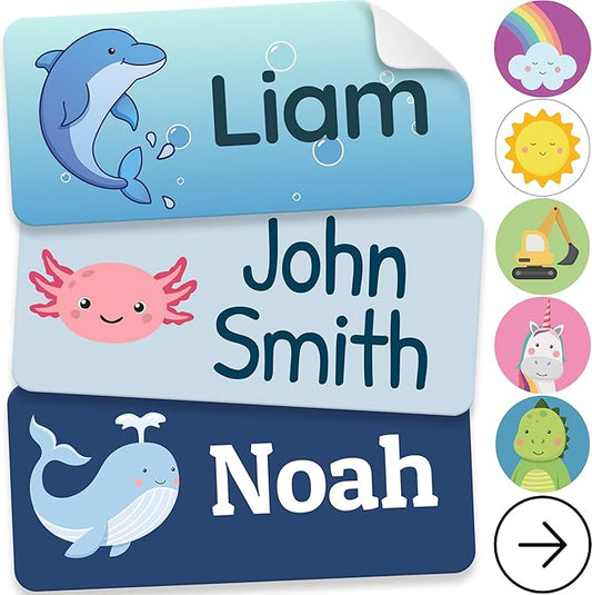 Personalized Name Labels for Kids (140 Labels) - Durable & Waterproof Custom Name Stickers for Clothing Tags, School Supplies, Camp & Daycare - Playful Sea (1.2”x0.5”)