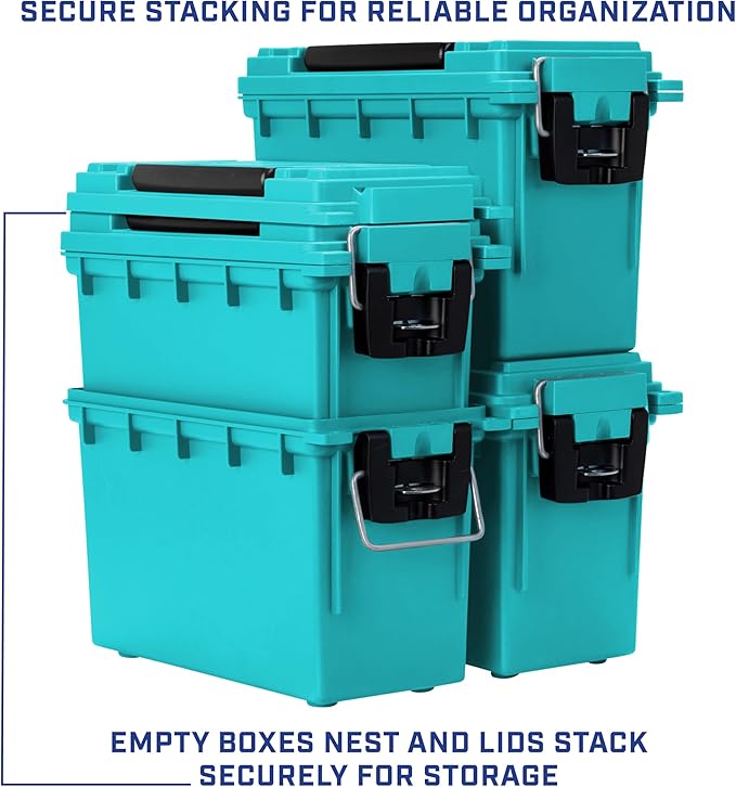 Sheffield 12633 Ammo Storage Box, Stackable .30 Cal Field Boxes, Water and Dust Resistant, Lockable Storage Box with Handle, Secures Hunting Gear, Supplies, and Bullets, Made in USA, Teal,(Pack of 6)