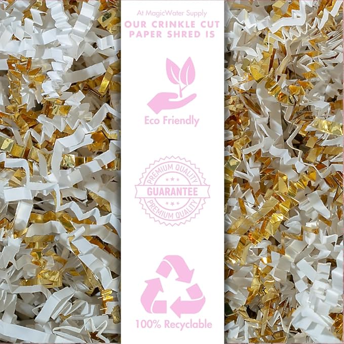 MagicWater Supply - 1 LB - White & Gold - Crinkle Cut Paper Shred Filler great for Gift Wrapping, Basket Filling, Birthdays, Weddings, Anniversaries