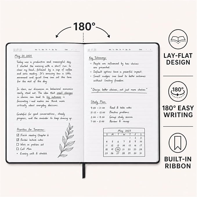 SUIN A5 Hardcover Lined Journal Notebook, 200 Pages, Black, 1 Pack